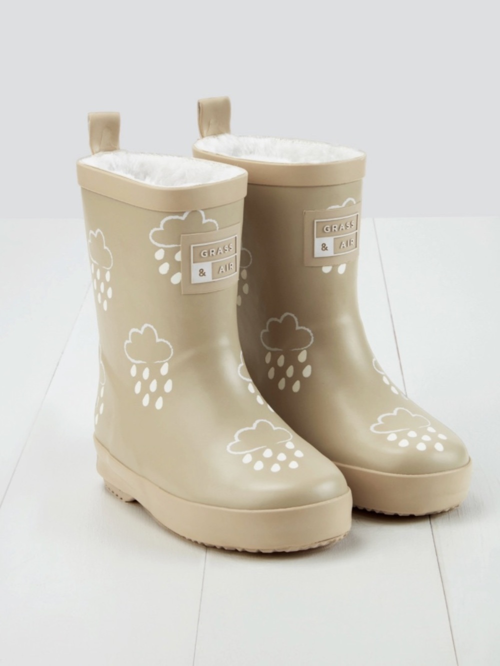 Kids Beige Rain Boots with Cloud Print and Fleece Lining